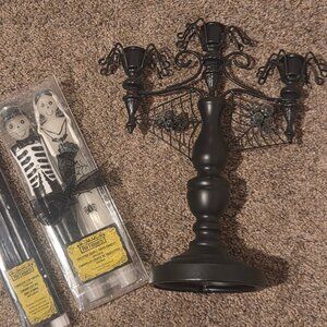 Pier1 Imports Spiderweb Candelabra + Skeleton Couple & Black Flameless Candles
